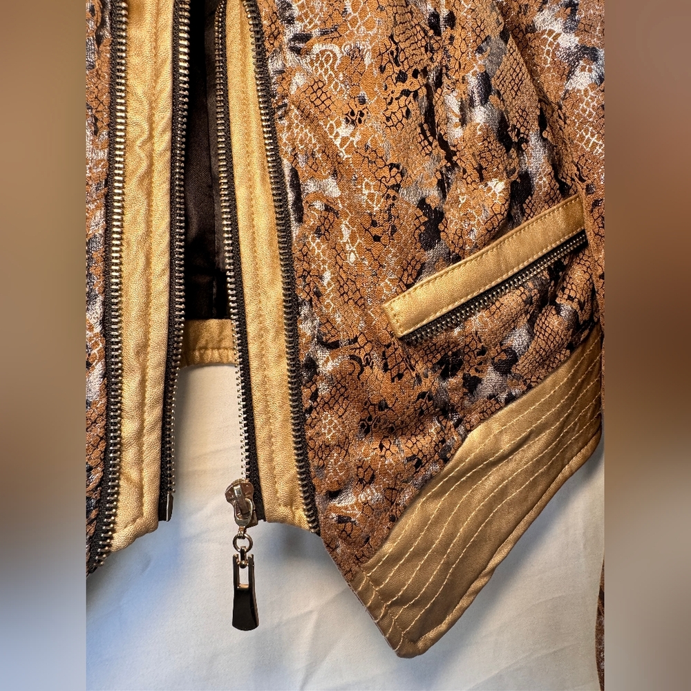Animal Print Brown and Gold Studded Leather Jacket - Picture 3 of 8